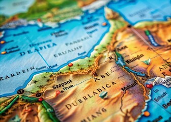 Naklejka premium High Depth of Field Dotted Map of the United Arab Emirates, Exploring Geographical Features and Cultural Landmarks in a Unique Visual Representation of UAE