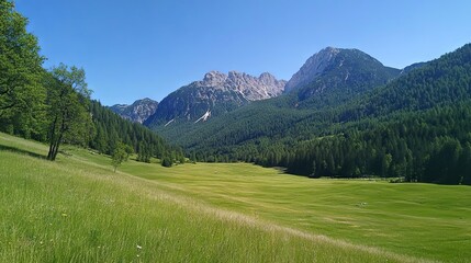 Obraz premium Serene Mountain Meadow with Lush Vegetation and Majestic Peaks