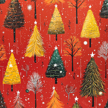  A red background with Christmas trees in various sizes and colors, including yellow pine trees, green spruce trees, and orange cypress trees.