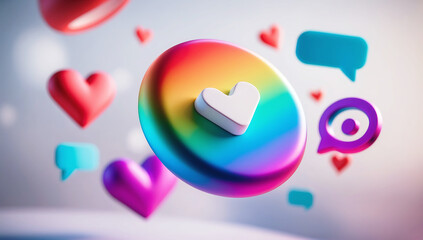 Abstract 3D Rendering of Colorful Like Symbol with Shifting Gradients and Interaction Icons