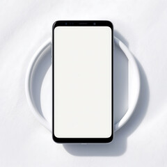 Minimalist Flat Lay of a Sleek, Modern Smartphone on a Crisp White Background