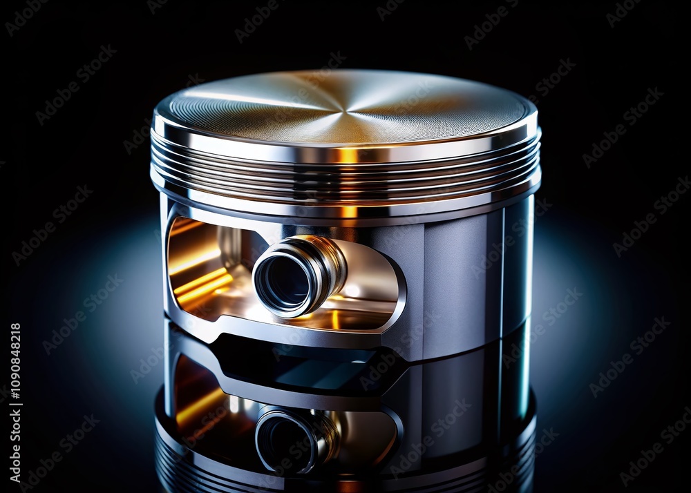 Poster high-resolution image of a new automotive piston with reflective surface on a black background, perf