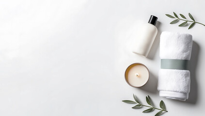 Spa Essentials. Lotion, Towel, and Candle Set Against a Clean White Background