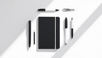 Minimalist Flat Lay with Black and White Stationery on a Clean White Background