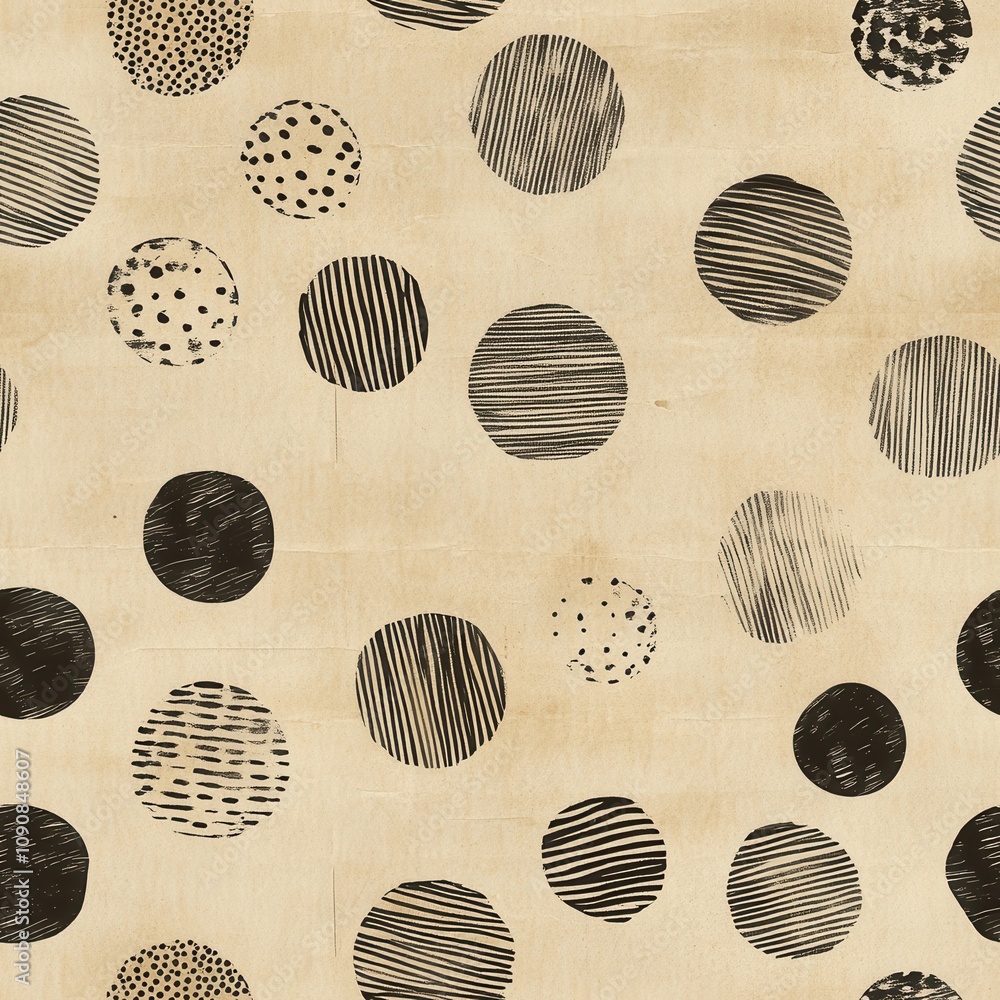 Poster hand-drawn seamless pattern of varied black circles on a textured light beige background perfect for