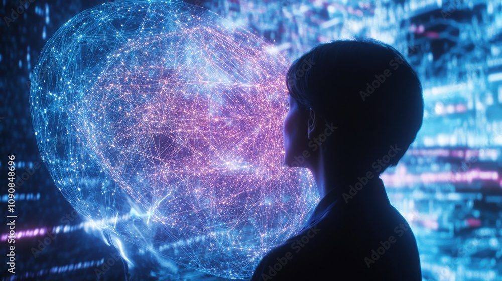Poster a scientist analyzes complex data visualization in a high-tech lab during a groundbreaking research 