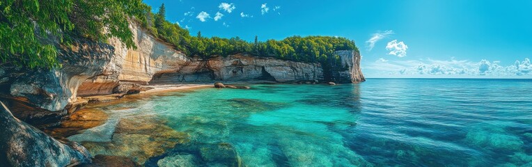 Explore the breathtaking blue waters and rugged cliffs of Pictured Rocks National Lakeshore on a sunny day in summer