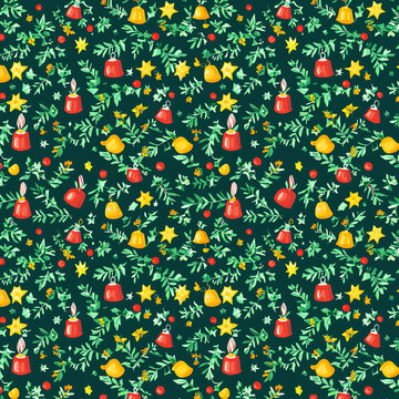  A Christmas-themed pattern with red and yellow bells, green holly leaves, stars, and small gold decorations on a dark forest background