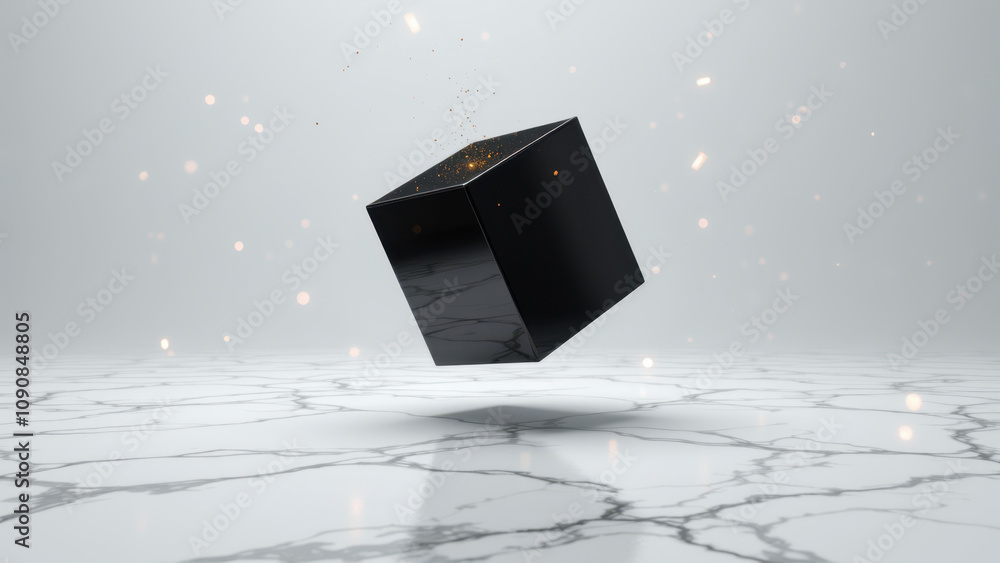 Poster abstract representation of an ai black box with a shattered marble floor below.