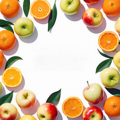 Artistic Flat Lay of Oranges and Apples on Clean White Canvas