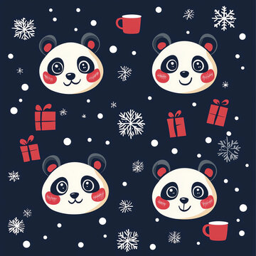 Cute panda face pattern, snowflakes, and Christmas gifts on a dark blue background