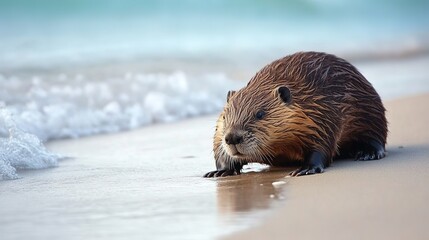 A beaver on a sandy beach near a river, calmly sitting by the water's edge. The beaver is captured in a natural pose, its fur textured and detailed, with its distinctive flat tail visible beside it. 