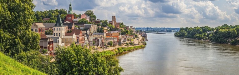 Obraz premium Discover the charming historic town along the riverbank with vibrant buildings and lush greenery under a cloudy sky
