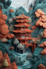 Obraz premium Hyperrealistic 3D Chinese Landscape Wallpaper: A Layered Artistic Journey