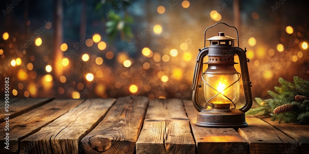 Poster illuminating lantern glowing against a rustic wooden background with bokeh effect, creating a warm a
