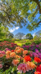 Obraz premium A vibrant display of colorful azaleas in full bloom under a bright blue sky during springtime in a large garden setting