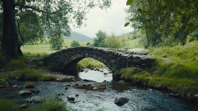 A small stone bridge crossing over a babbling brook in a countryside scene.