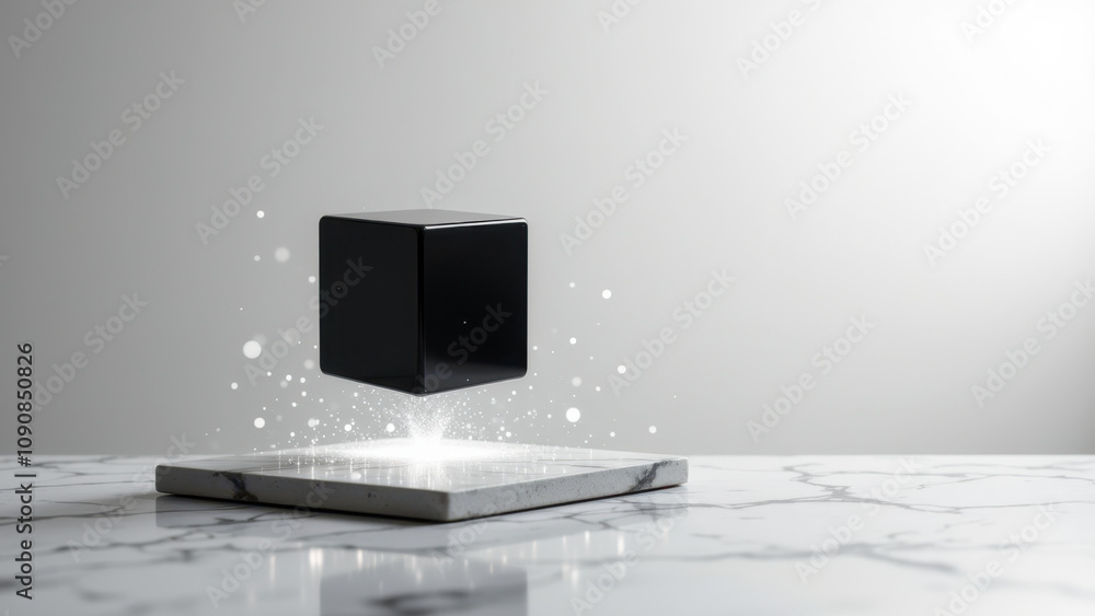Poster a futuristic scene with a small black ai box emitting rays of light on a marble surface.