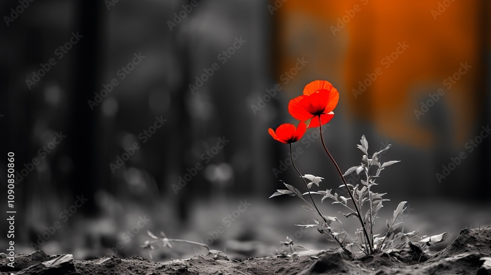 Poster vibrant red poppies bloom against a muted background in soft light. generative ai