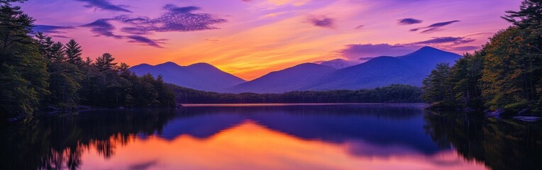 A stunning sunset over the tranquil waters of a mountain lake in the Adirondack Mountains