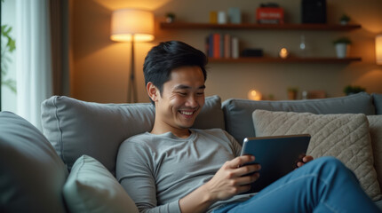 Obraz premium Man Enjoying a Video Call on a Tablet While Lounging in a Cozy Living Room