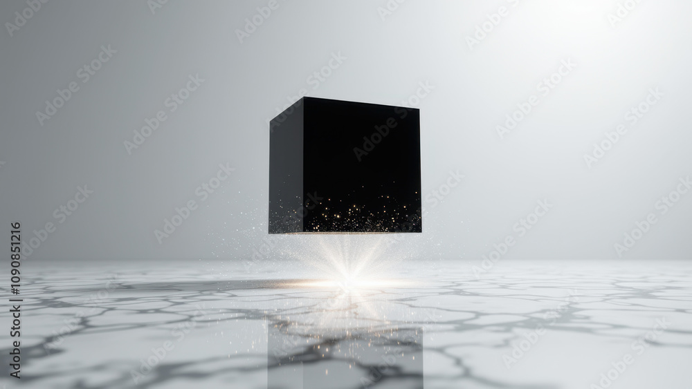 Poster a dynamic and futuristic graphic illustration featuring a stylized cube with a glowing light effect 