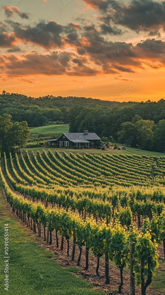 Poster sunset over lush vineyards with rolling hills and a charming house in the background