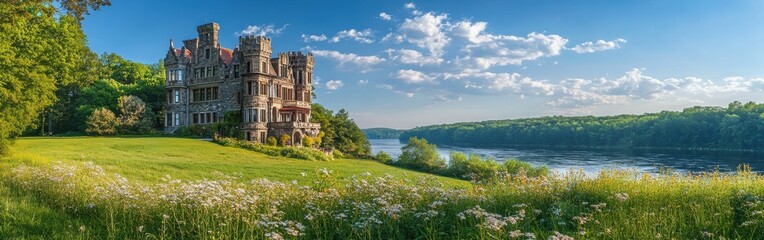 A stunning view of Gillette Castle overlooking the Connecticut River with lush greenery and bright sky during the day
