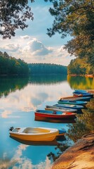 Obraz premium A tranquil scene of colorful boats lined along the shore of serene waters surrounded by lush trees during a beautiful afternoon