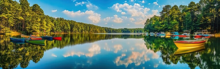 Fototapeta premium A tranquil afternoon at the shimmering lake with colorful boats reflecting on the water beneath a bright blue sky