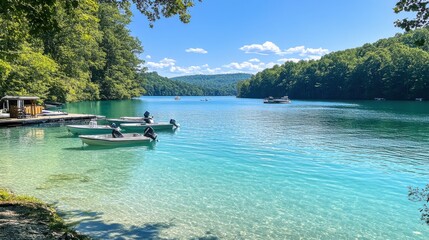 Serene day at the tranquil shores of a crystal-clear lake with boats gently gliding under a clear blue sky