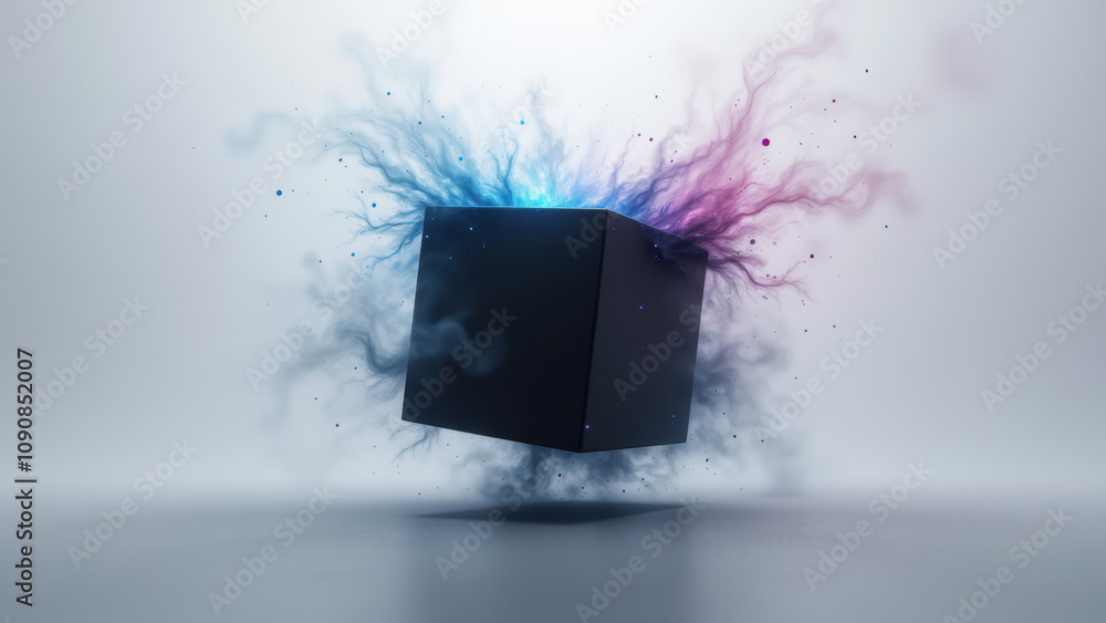 Poster a futuristic ai cube with swirling colors emanating from its core on a digital background.