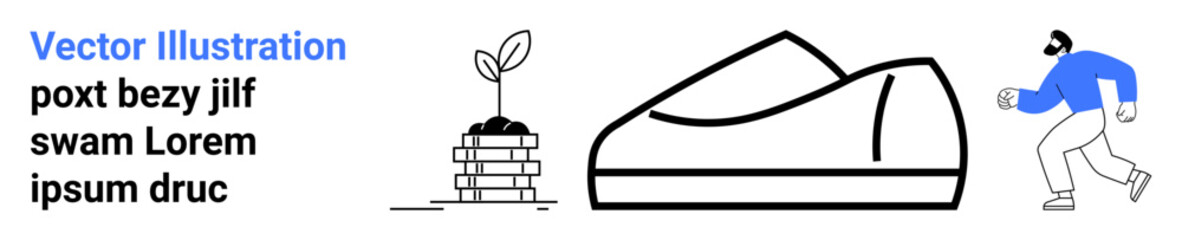 Plant growing out of stacked papers, minimalist mountain icon, person running in blue outfit. Ideal for sustainability, nature, outdoor activities, fitness themes, growth concepts, minimal design