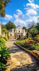 Fototapeta premium A beautiful view of the Alamo surrounded by vibrant gardens and a clear blue sky during a sunny day in San Antonio