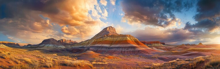 Naklejka premium Vibrant colors of the Painted Desert at sunset showcasing unique rock formations and shifting shadows in expansive landscape