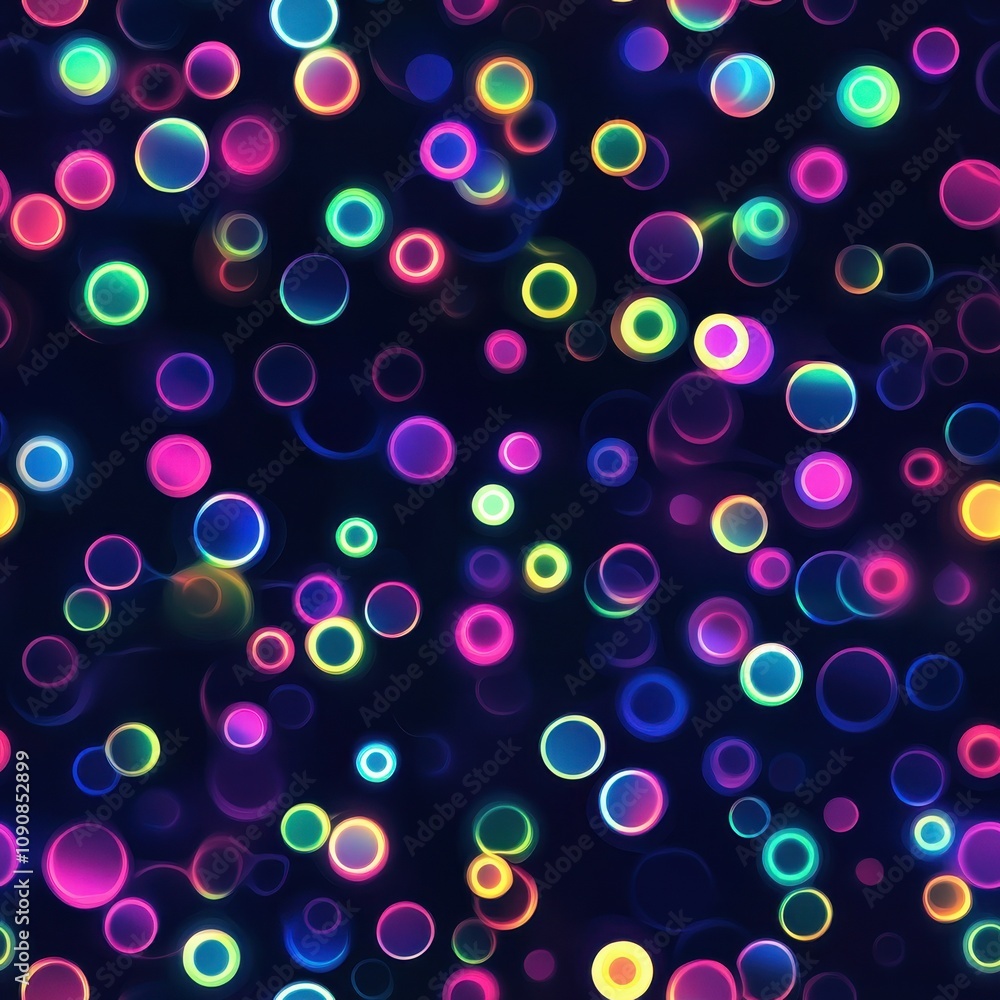Poster a vibrant pattern of glowing neon circles radiating in a dark background filled with various colors 
