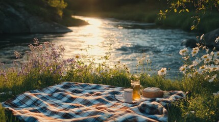 Naklejka premium Relaxing riverside picnic with snacks and drinks during a sunny afternoon by the water