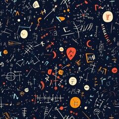 Fototapeta premium A vibrant pattern of mathematical symbols showcasing various equations and diagrams on a dark background in a creative arrangement