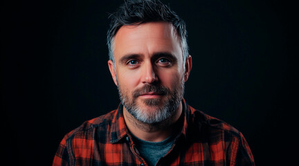 Fototapeta premium happy, studio portrait of a man in his 30s, front mugshot, looking at the camera, facing the camera straight ahead, random clothes. color style