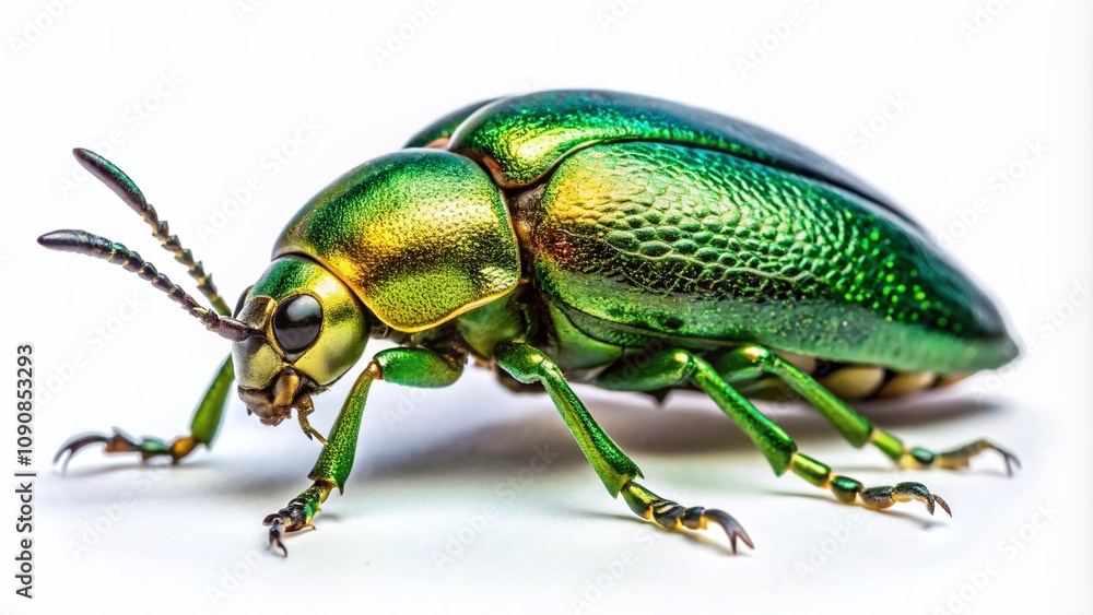 Poster isolated green beetle on white background with ample copy space for nature and entomology related th