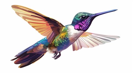 Fototapeta premium A serene vector image of a delicate hummingbird with iridescent feathers, hovering effortlessly in the air, set against a white background, emphasizing its graceful and agile nature.