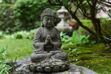 Greeting card with ancient statue great Buddha on holiday composition