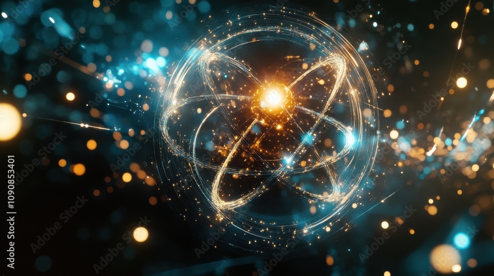 Leinwandbilder A vibrant and intricate artistic rendering of an atomic structure surrounded by glowing particles in a dark cosmic backdrop