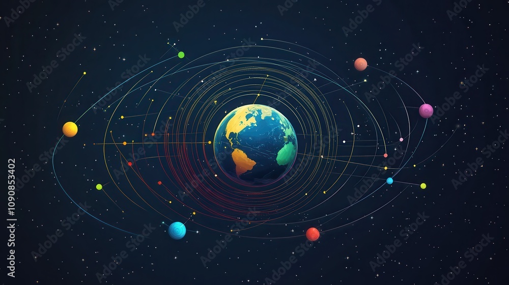 Poster A vibrant illustration depicting Earth surrounded by a colorful array of planets in a cosmic setting with stars and orbital lines