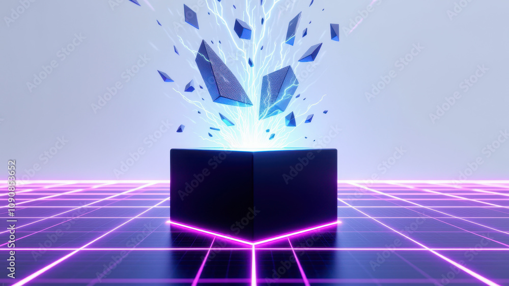 Poster futuristic scene with ai explosion on virtual grid platform.