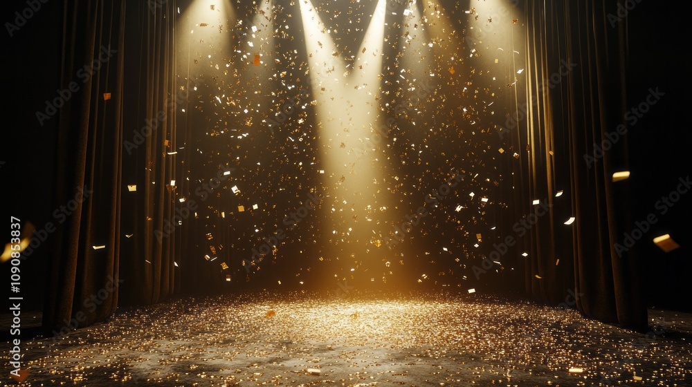 Poster a stage with a spotlight on it and a lot of confetti falling from the ceiling