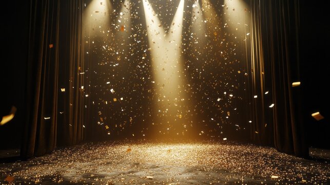 A stage with a spotlight on it and a lot of confetti falling from the ceiling
