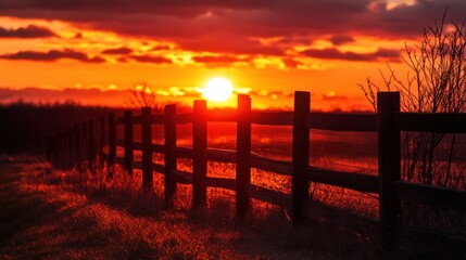 A breathtaking sunset illuminating a fenced landscape with vibrant colors and silhouettes during twilight hours
