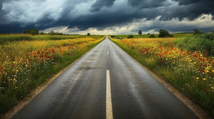 A long, straight road stretches through a vibrant countryside under dramatic storm clouds at twilight