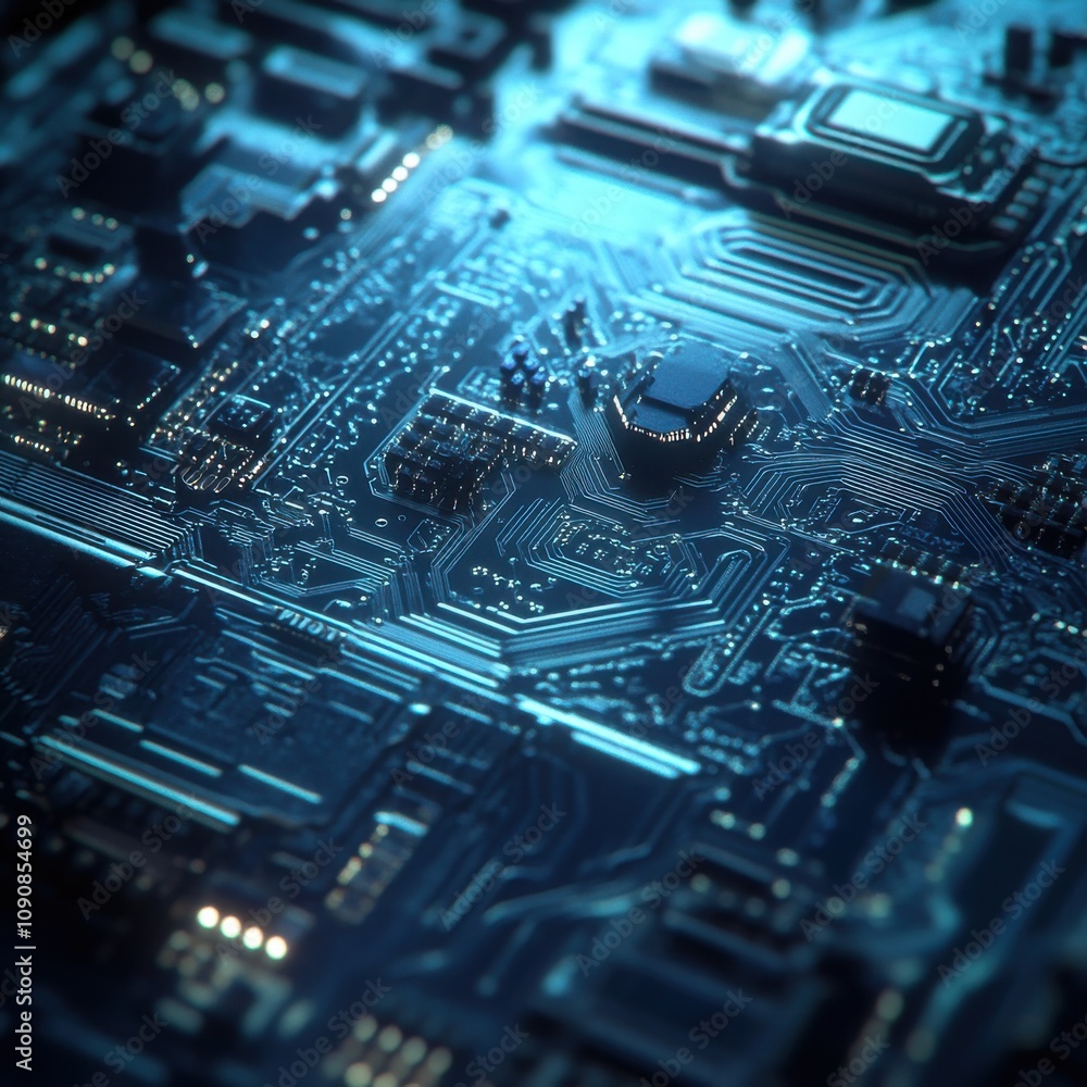 Poster close-up view of a sophisticated circuit board showcasing intricate designs and patterns illuminated